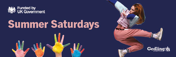Girl jumping and painted children's hands. Text reads Summer Saturdays